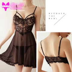 Black floral net nighty