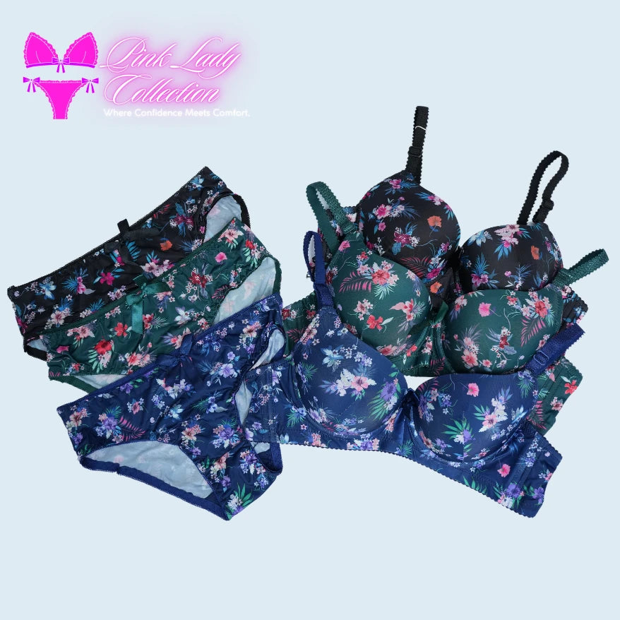 Pink lady floral printed padded bra n penty set