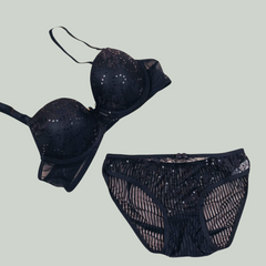 Lace Net Embroidered Padded Bra N Panty Set