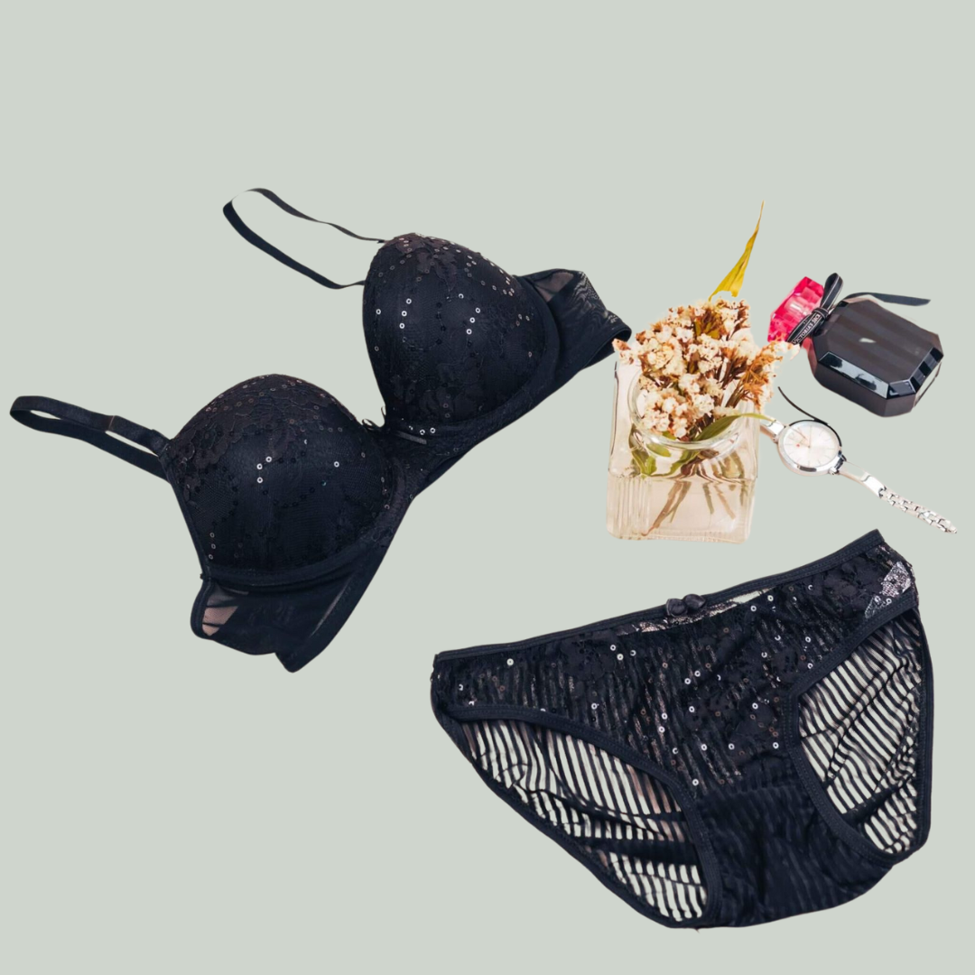 Lace Net Embroidered Padded Bra N Panty Set