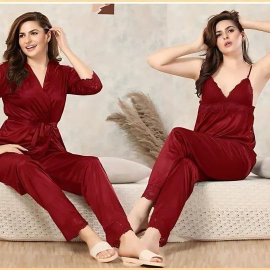 Maroon Lacy silky nightwear with Robe