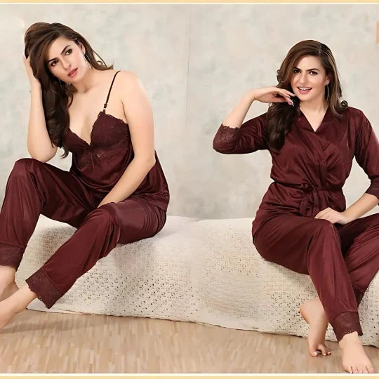 Oxblood Lacy silky nightwear with Robe