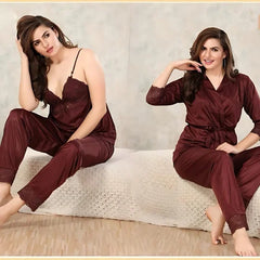 Oxblood Lacy silky nightwear with Robe